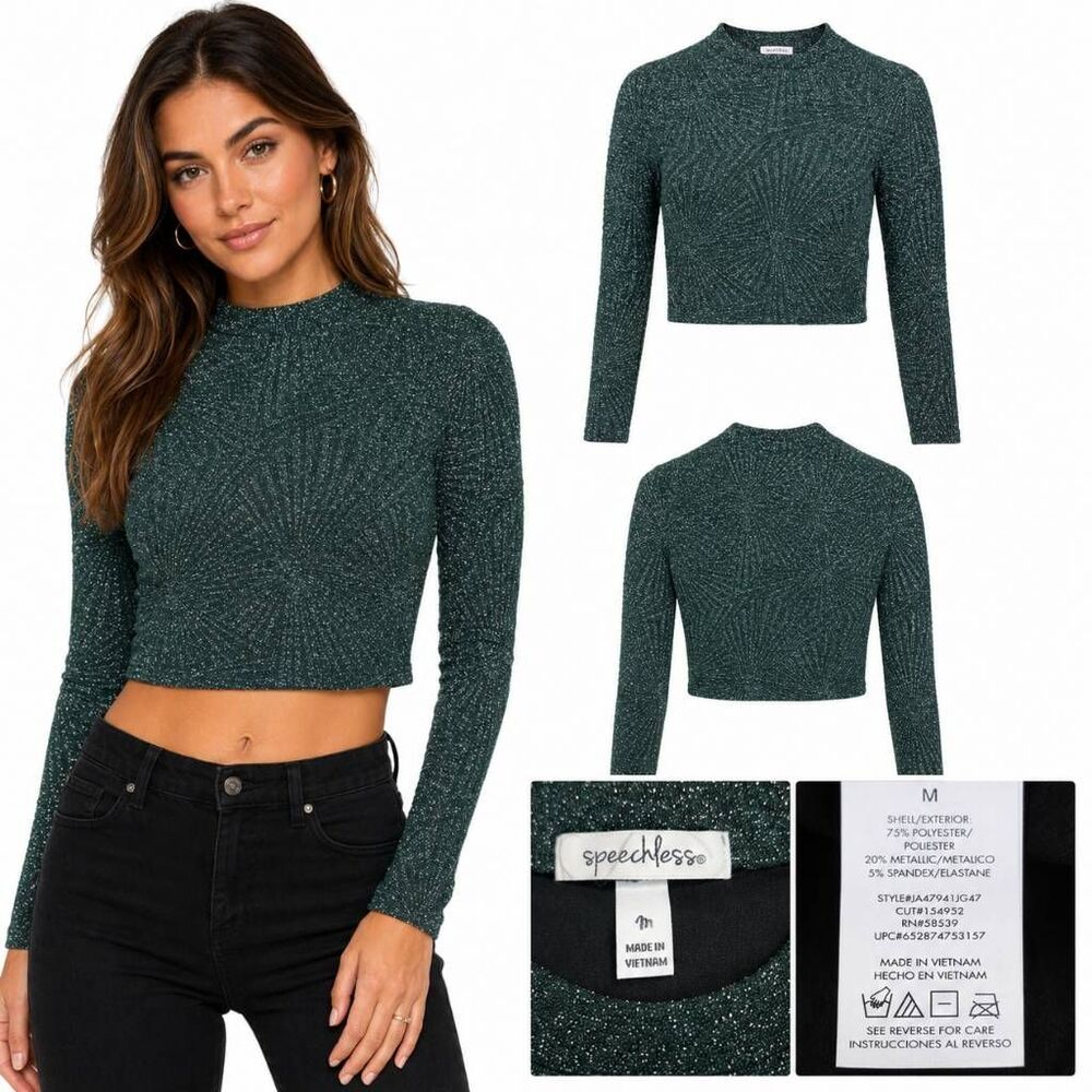 Speechless M Emerald Green Metallic Crop Top Long Sleeve